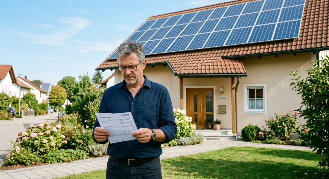 Hausbesitzer prüft Stromrechnung vor Eigenheim mit Solardach